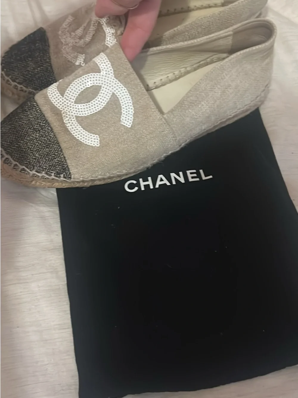 CHANEL Beige Sequin CC Espadrilles with Black Tweed Toe